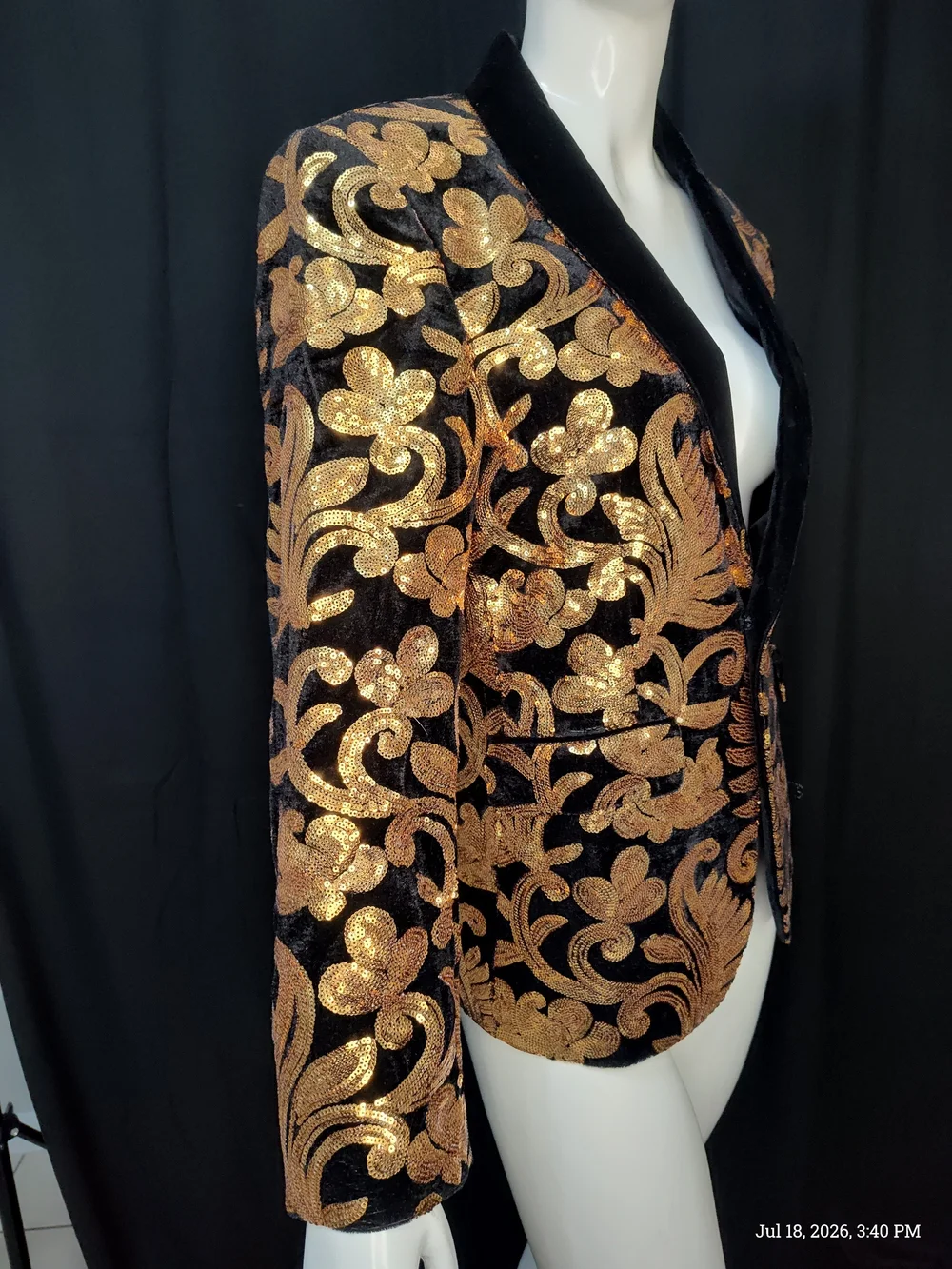 Bling Tuxedo Blazer Black Velvet W/Gold Floral Sequin Pattern 14Y Sz